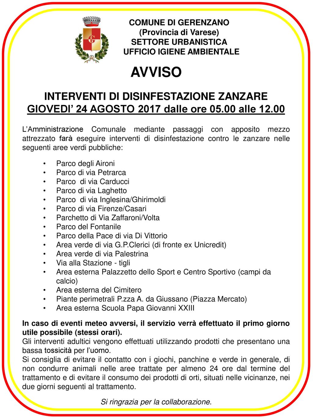 AVVISO INTERVENTI DI DISINFESTAZIONE ZANZARE Ppt Scaricare